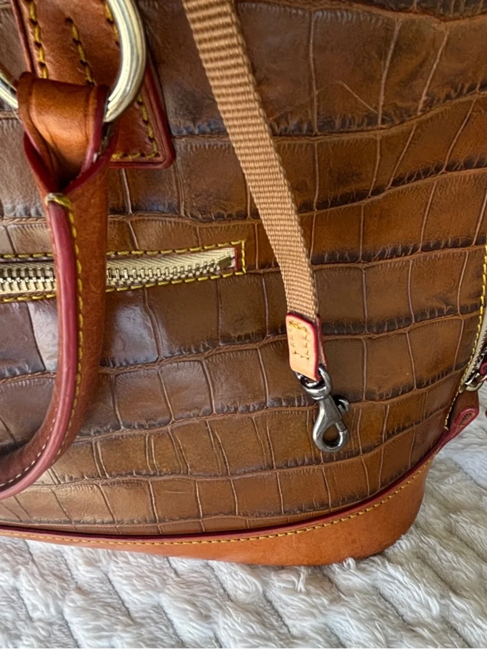Dooney & Bourke Brown Croc Embossed Leather Dome Satchel Gold Hardware